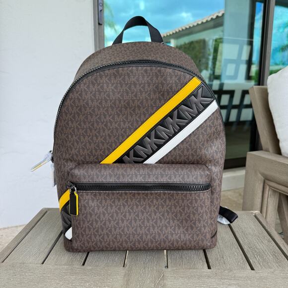 Michael Kors Mens Large Cooper Signature Logo Backpack Brown/Lemon - Picture 1 of 9